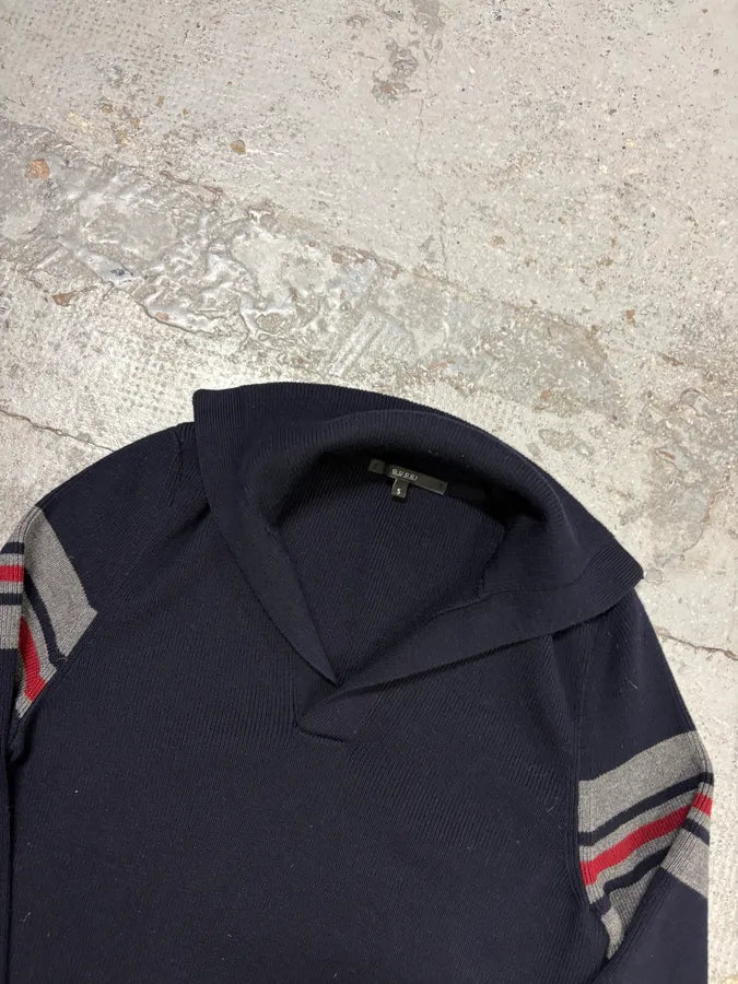 Gucci Navy Wool Striped Sleeve Polo Sweater YuCwwhm 3