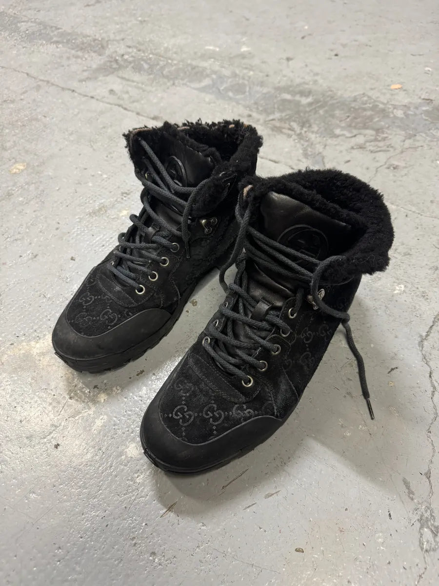 Gucci Nebraska Black Suede Fur Leather Boots YfLpXwk 3