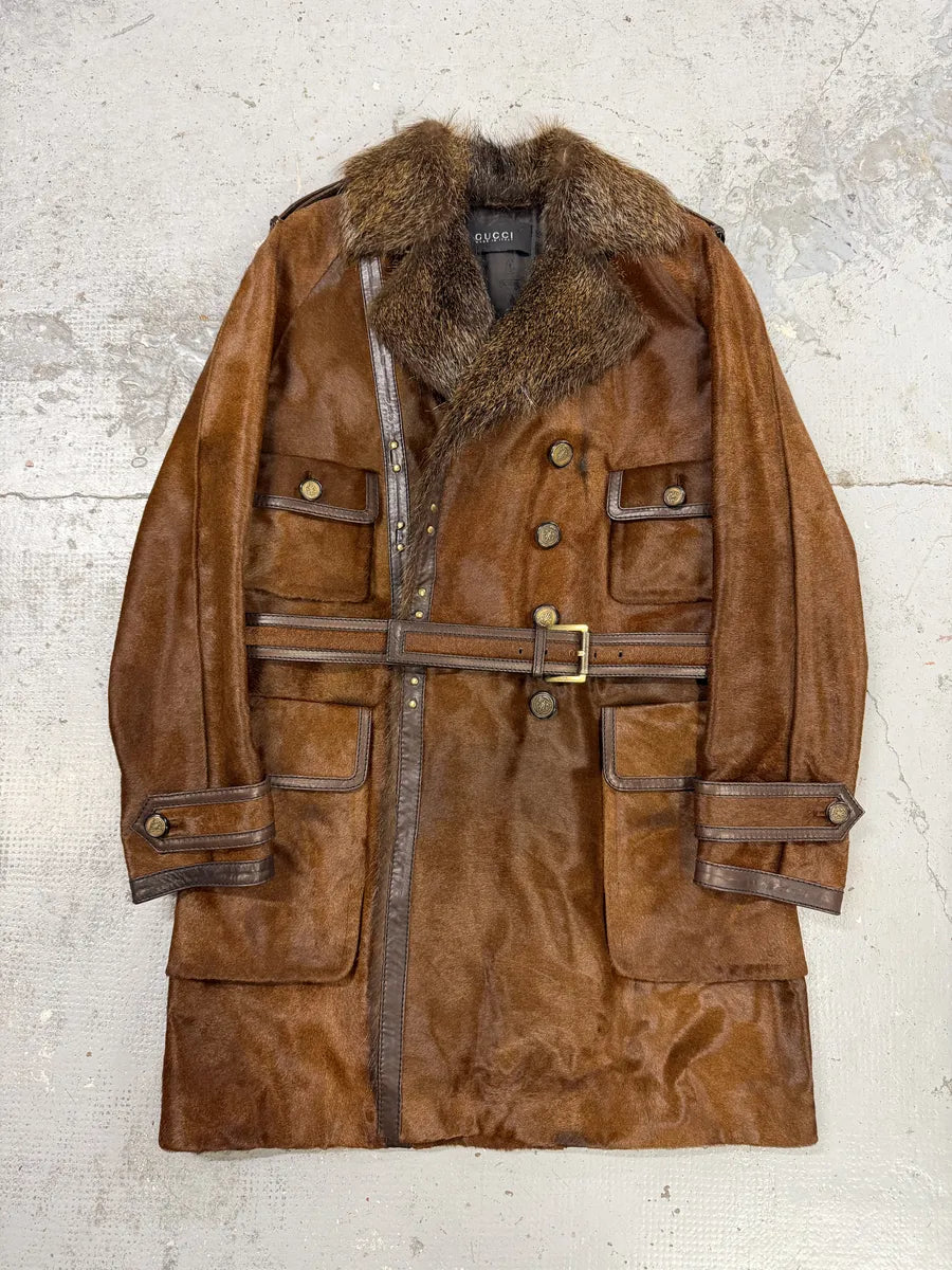Gucci Pony Hair Leather Fox Fur Brown Belted Trench Coat QUfYoYn 0