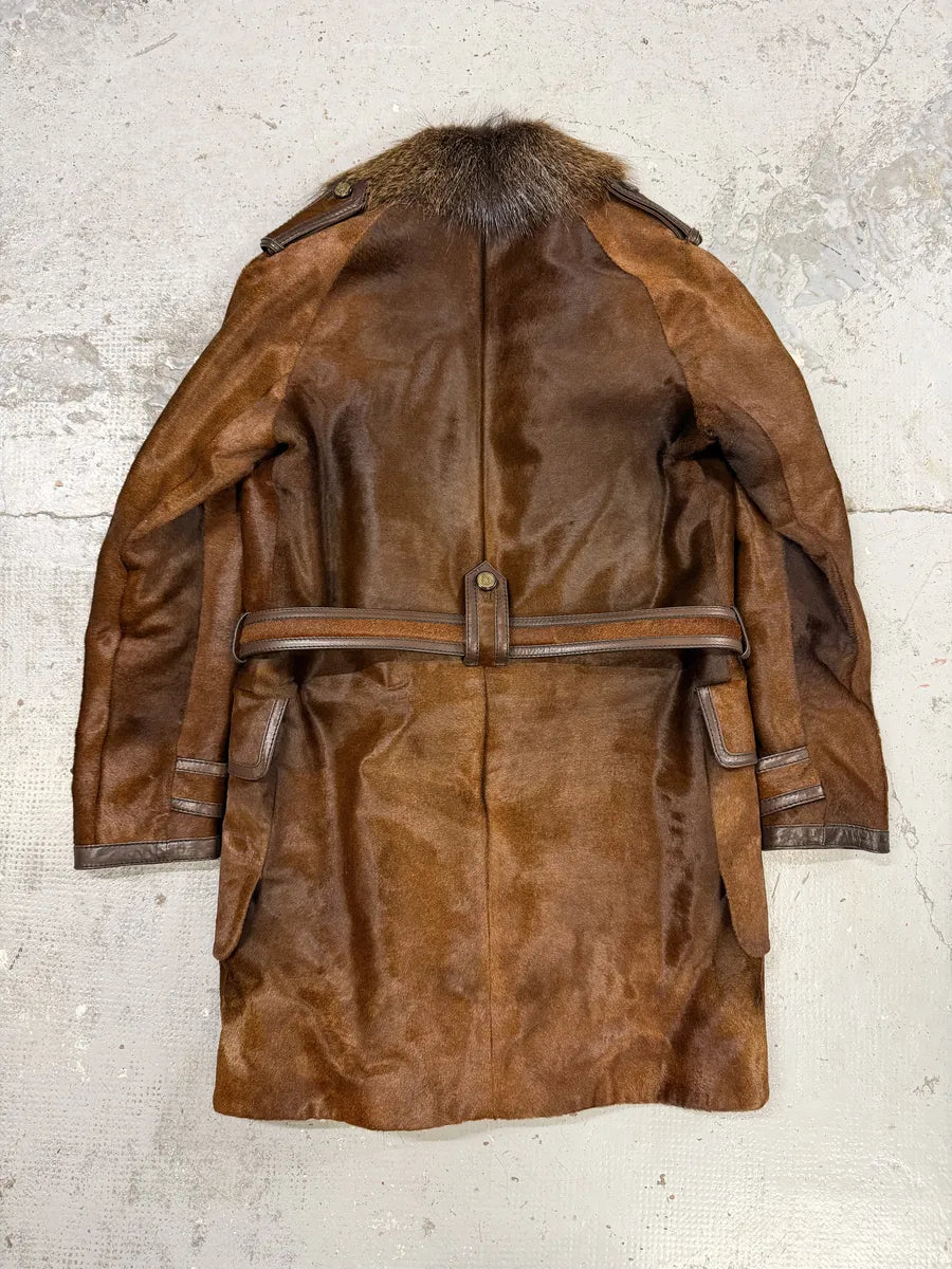 Gucci Pony Hair Leather Fox Fur Brown Belted Trench Coat QUfYoYn 1