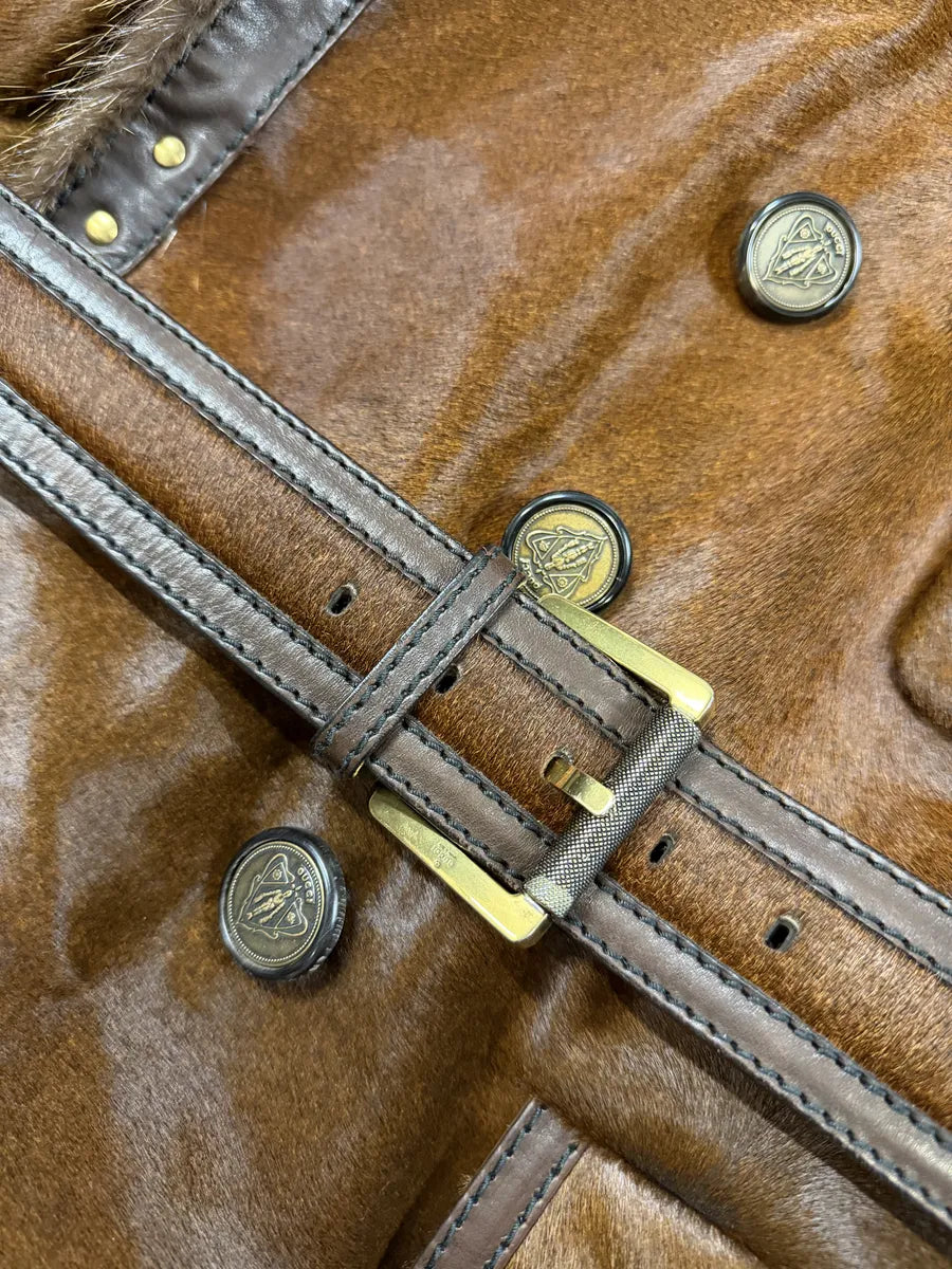 Gucci Pony Hair Leather Fox Fur Brown Belted Trench Coat QUfYoYn 12