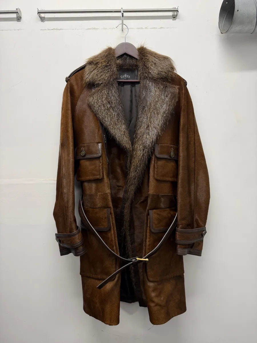 Gucci Pony Hair Leather Fox Fur Brown Belted Trench Coat QUfYoYn 2
