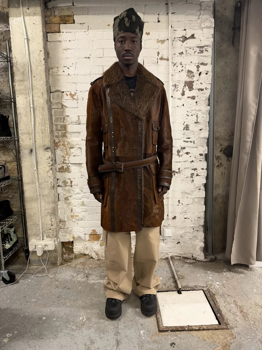 Gucci Pony Hair Leather Fox Fur Brown Belted Trench Coat QUfYoYn 3