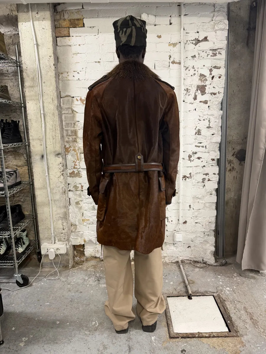 Gucci Pony Hair Leather Fox Fur Brown Belted Trench Coat QUfYoYn 4