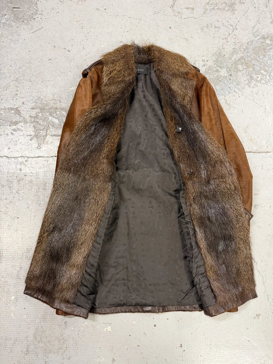 Gucci Pony Hair Leather Fox Fur Brown Belted Trench Coat QUfYoYn 5
