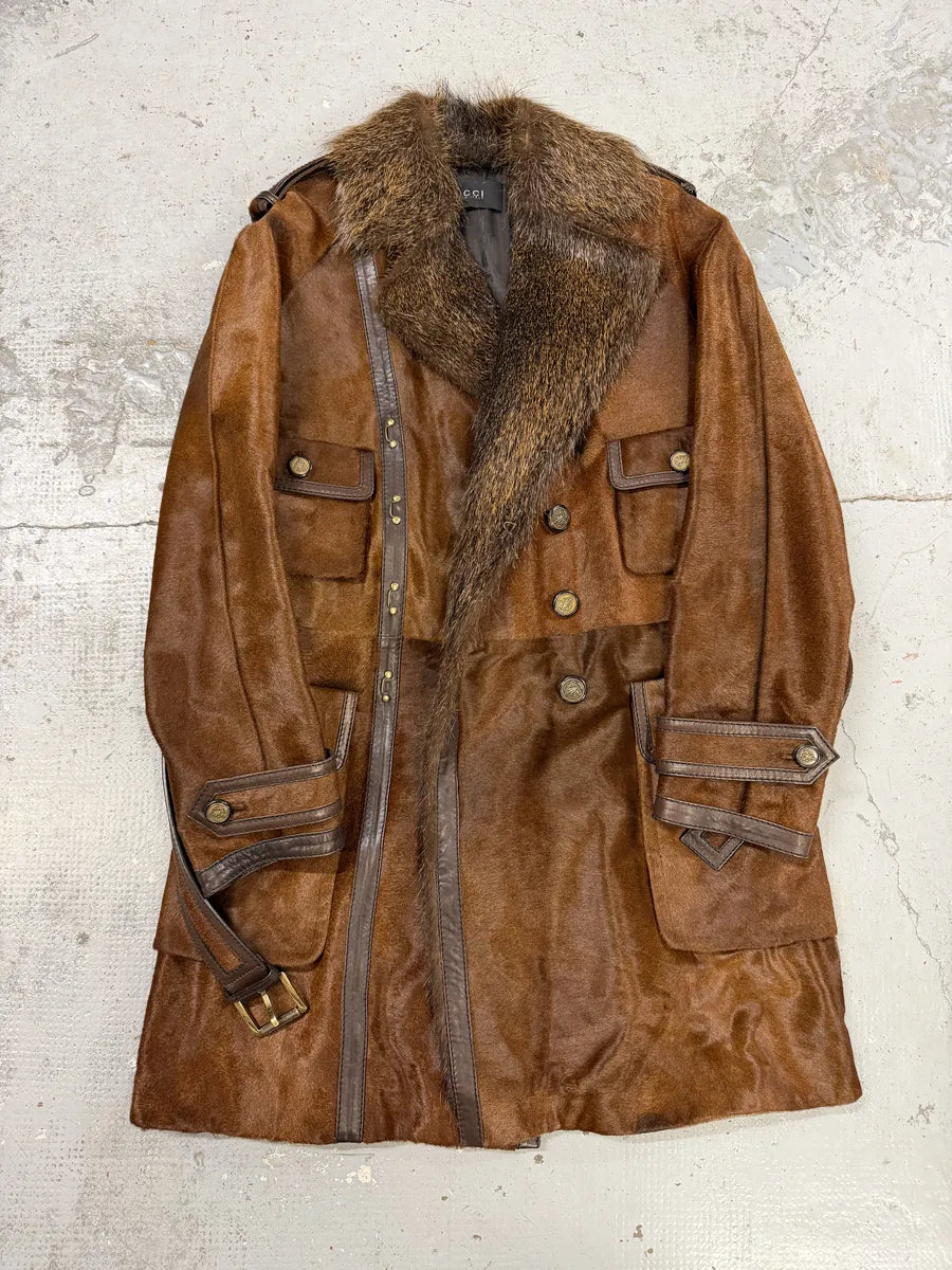 Gucci Pony Hair Leather Fox Fur Brown Belted Trench Coat QUfYoYn 6