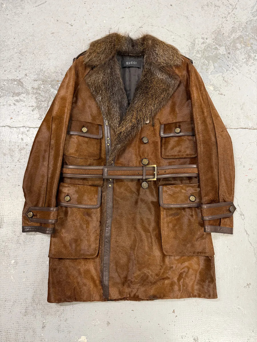 Gucci Pony Hair Leather Fox Fur Brown Belted Trench Coat QUfYoYn 7