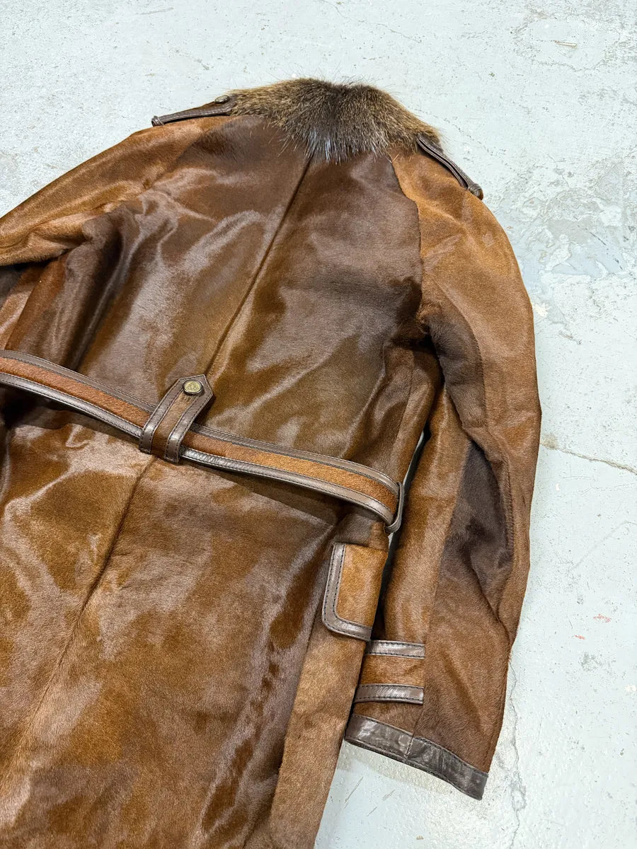 Gucci Pony Hair Leather Fox Fur Brown Belted Trench Coat QUfYoYn 8