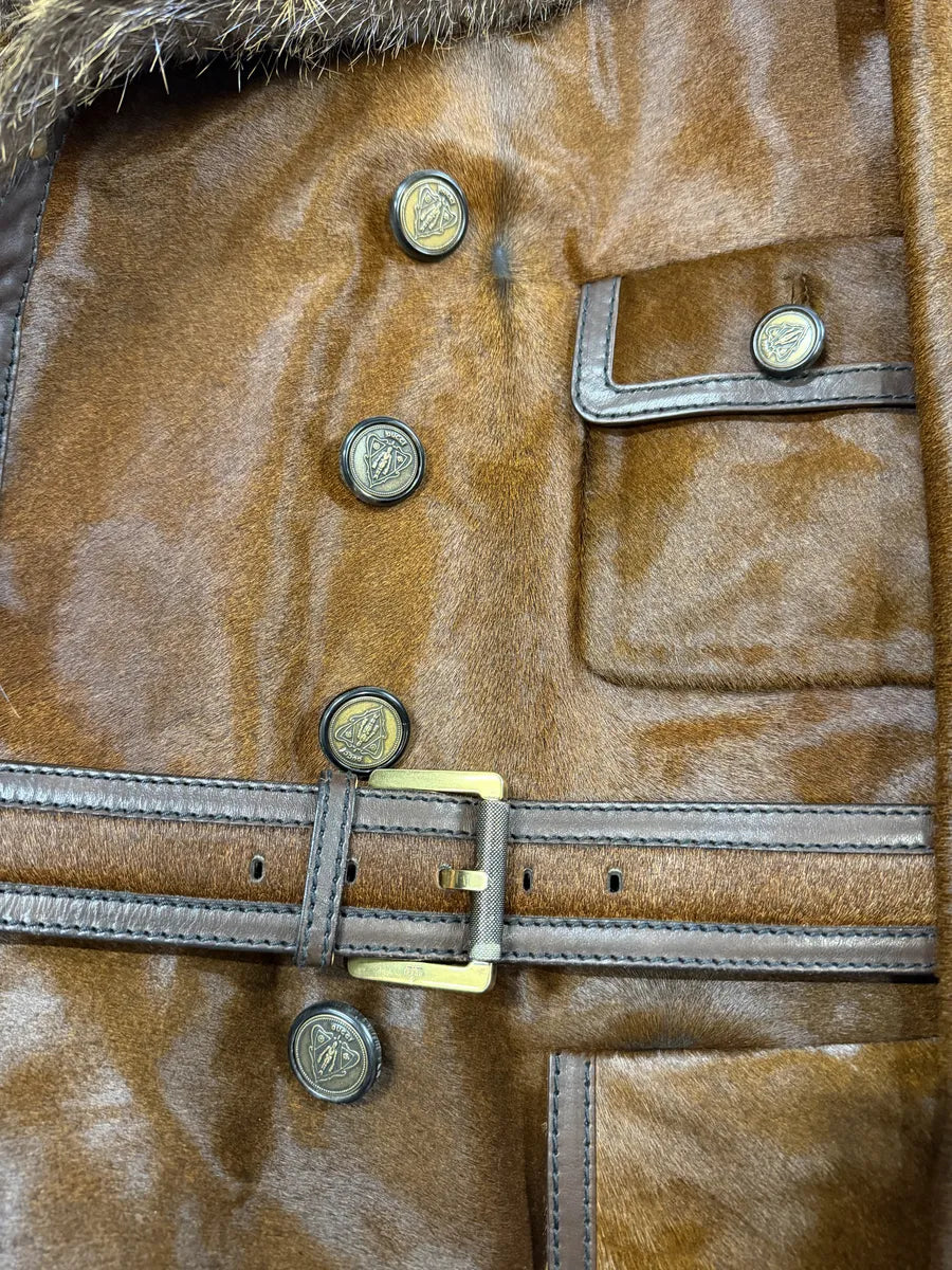 Gucci Pony Hair Leather Fox Fur Brown Belted Trench Coat QUfYoYn 9