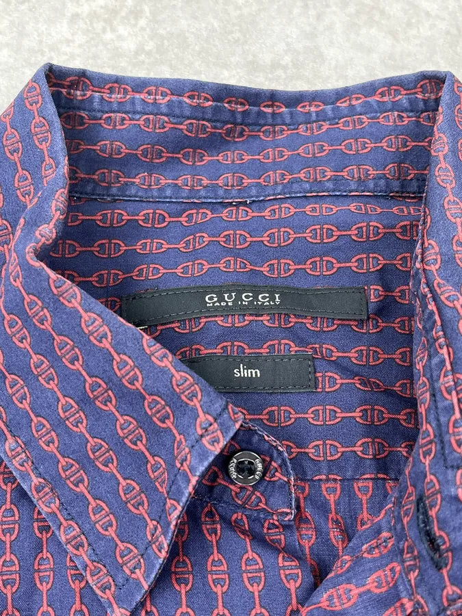2010s Gucci Red & Navy Chain Link Shirt YvVYiRY 8