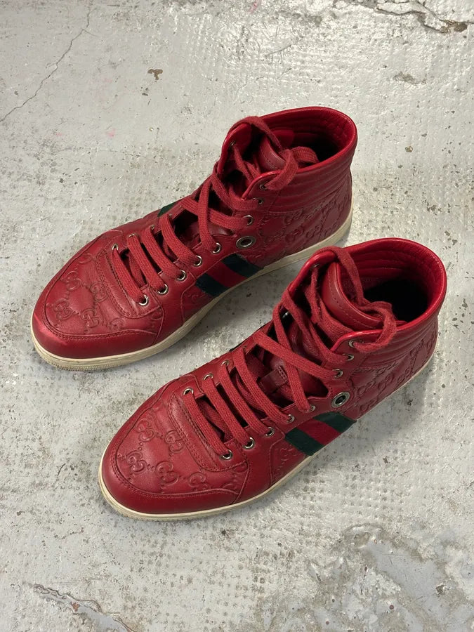 Gucci Red Leather GG Monogram High Sneakers KSOfKzk 5