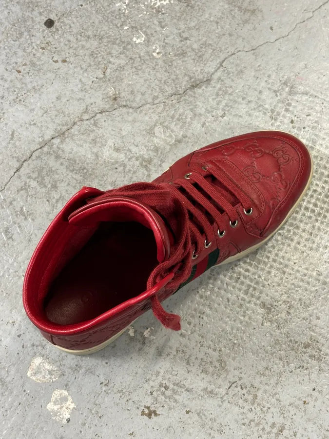 Gucci Red Leather GG Monogram High Sneakers