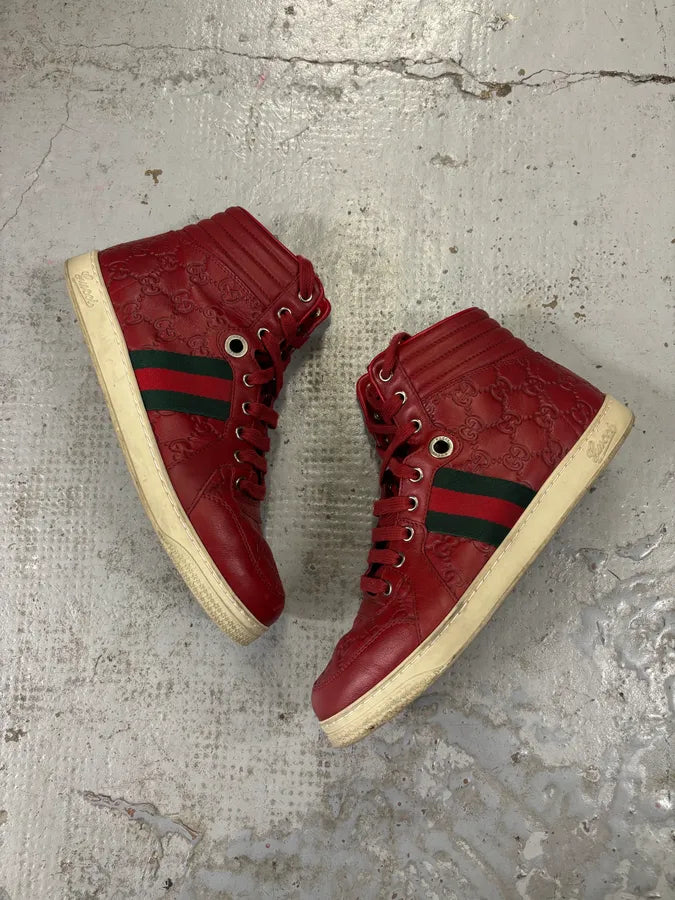 Gucci Red Leather GG Monogram High Sneakers KSOfKzk 1