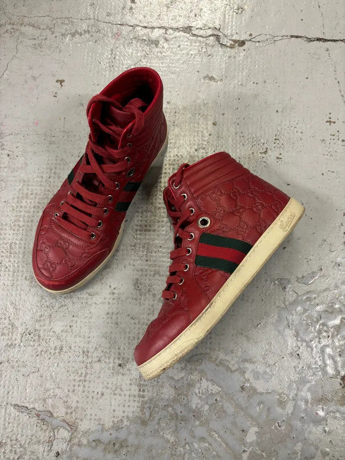 Gucci Red Leather GG Monogram High Sneakers KSOfKzk 2