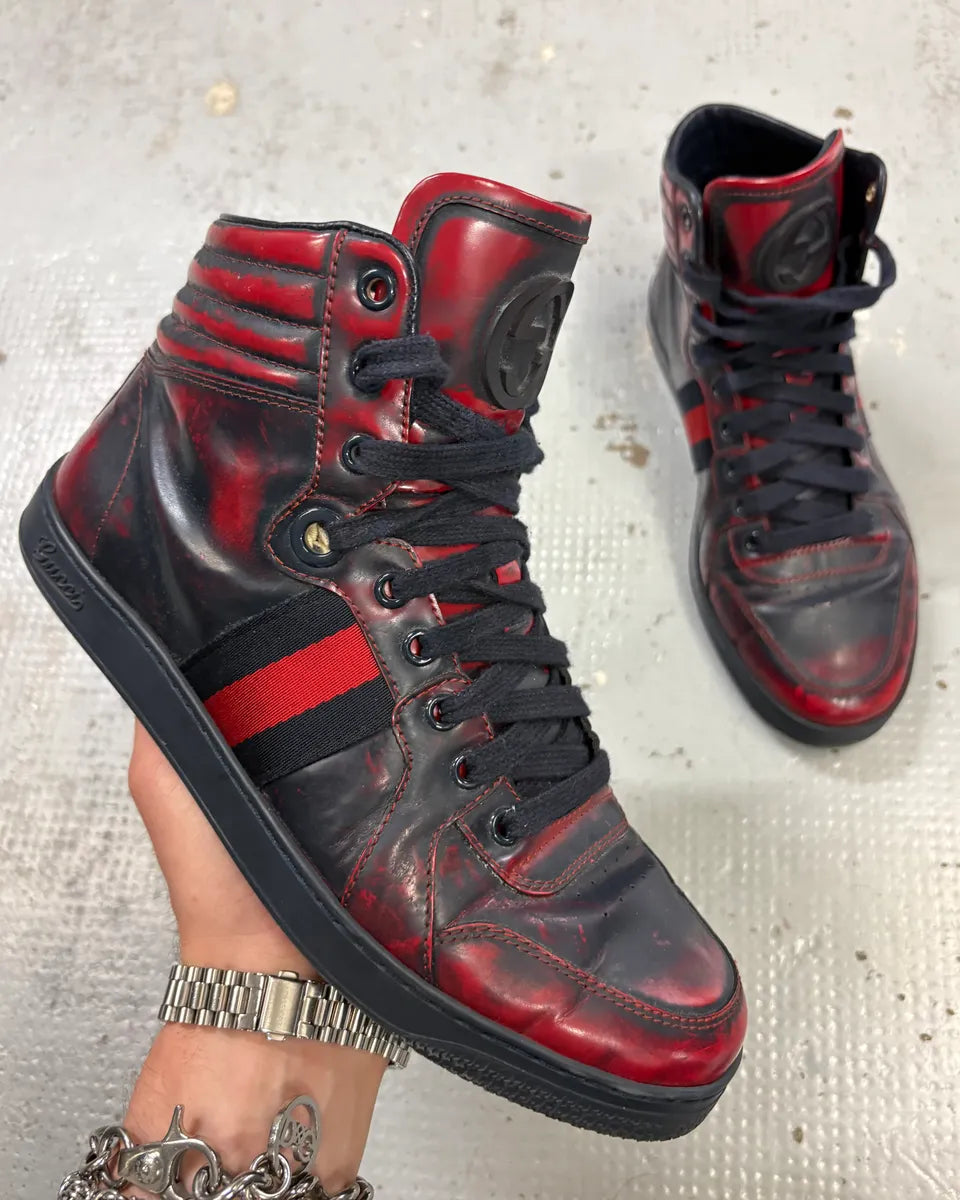Gucci Red Black Leather Logo High-Top Sneakers HKKHkzL 0