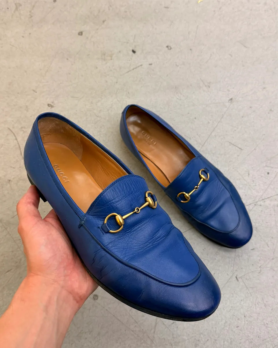 Gucci Royal Blue Leather Horsebit Jordaan Loafer Shoes akMMPkg 0