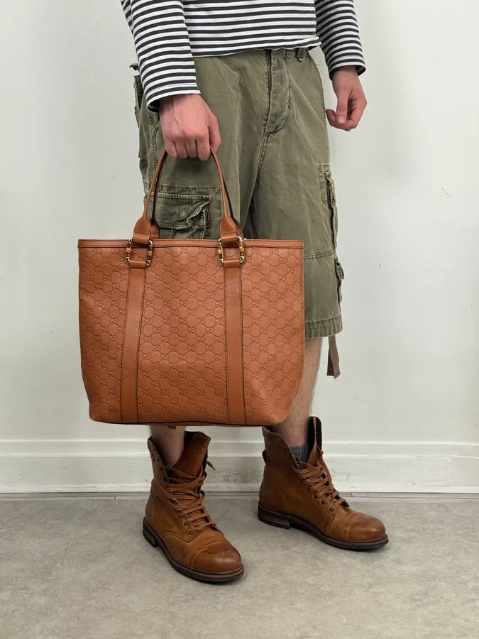 Gucci Light Camel Brown Leather Monogram Bag AfcRHQh 2