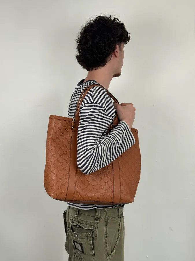Gucci Light Camel Brown Leather Monogram Bag AfcRHQh 1