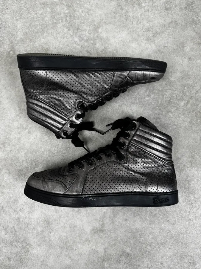 Gucci Silver Perforated Leather High-Top Sneakers iZGkZpz 3