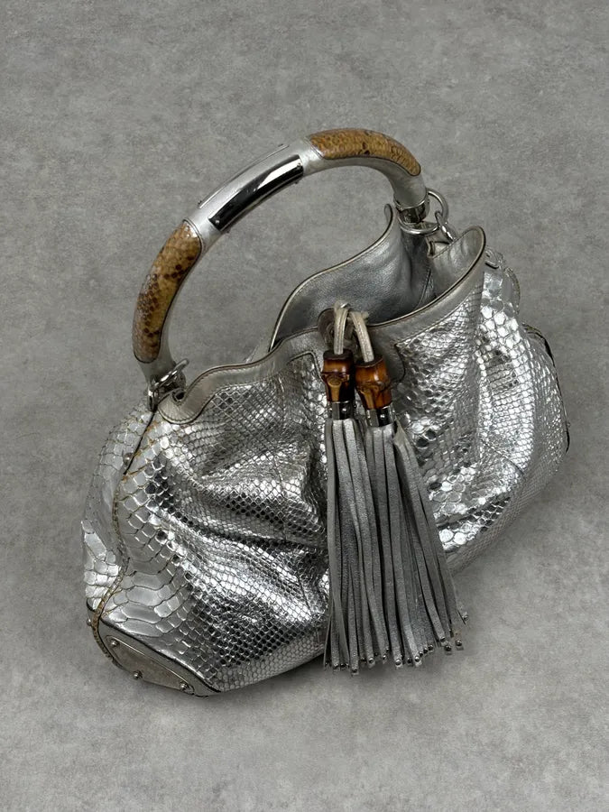 SS2009 Gucci “Indy” Bamboo Silver Metallic Python Hobo Bag by Frida Giannini FQymBsc 1