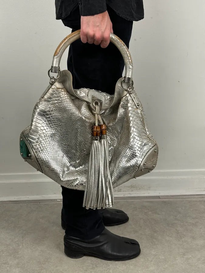 SS2009 Gucci “Indy” Bamboo Silver Metallic Python Hobo Bag by Frida Giannini FQymBsc 0