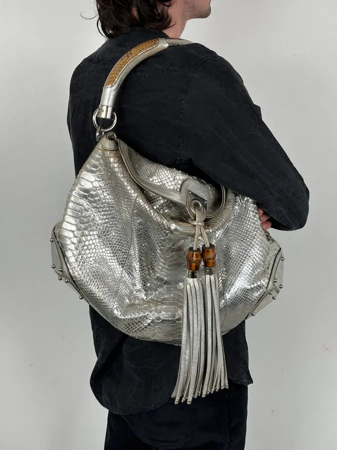 SS2009 Gucci “Indy” Bamboo Silver Metallic Python Hobo Bag by Frida Giannini FQymBsc 2