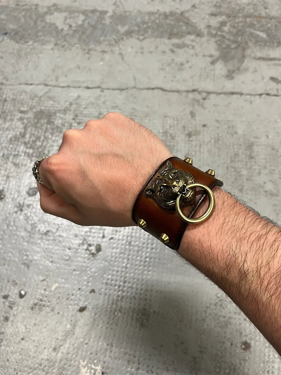 Gucci Silver Tiger Head Brown Leather Bracelet AXNkOBU 0