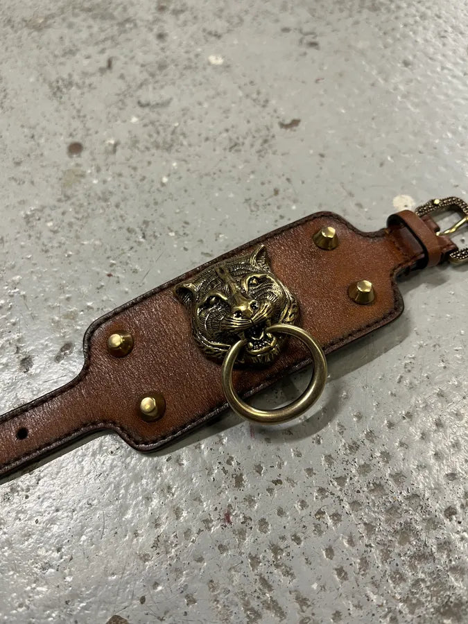 Gucci Silver Tiger Head Brown Leather Bracelet AXNkOBU 1