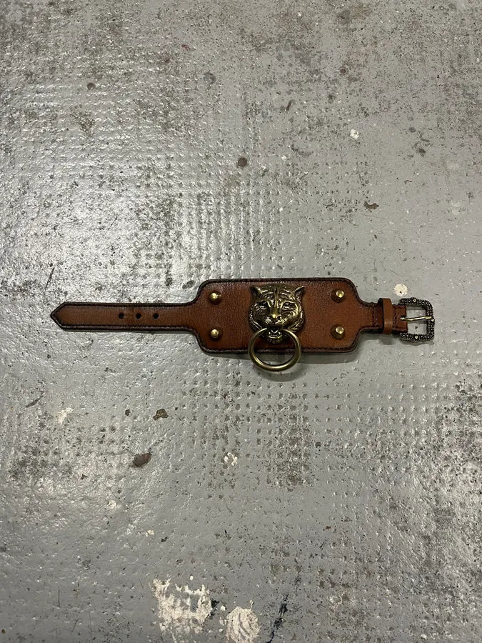 Gucci Silver Tiger Head Brown Leather Bracelet AXNkOBU 4