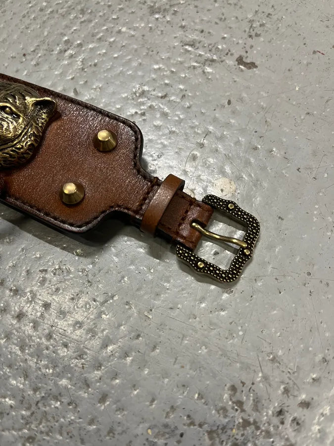 Gucci Silver Tiger Head Brown Leather Bracelet AXNkOBU 5