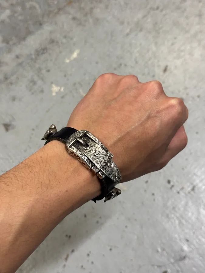 Gucci Silver Western Buckle & Bulls Black Leather Bracelet rcRfYgI 0