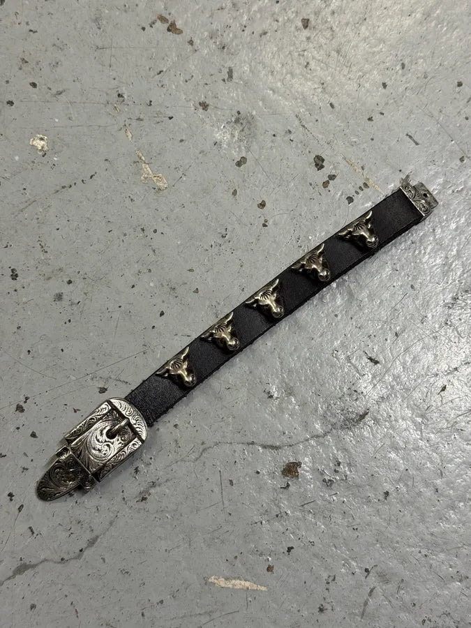 Gucci Silver Western Buckle & Bulls Black Leather Bracelet rcRfYgI 1