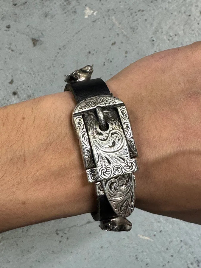 Gucci Silver Western Buckle & Bulls Black Leather Bracelet rcRfYgI 3
