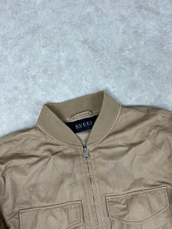 2000s Gucci Beige Leather Bomber Jacket CBPZdqM 4