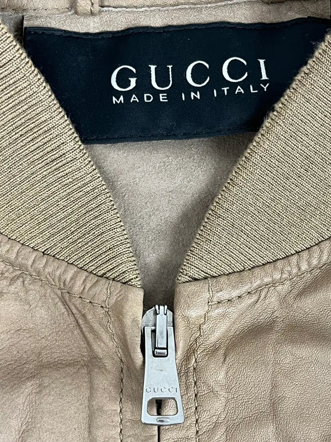 2000s Gucci Beige Leather Bomber Jacket CBPZdqM 9
