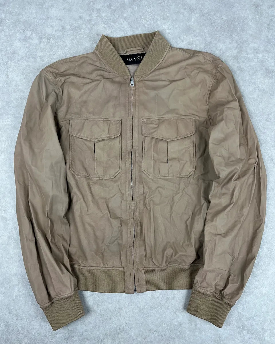 2000s Gucci Beige Leather Bomber Jacket CBPZdqM 3