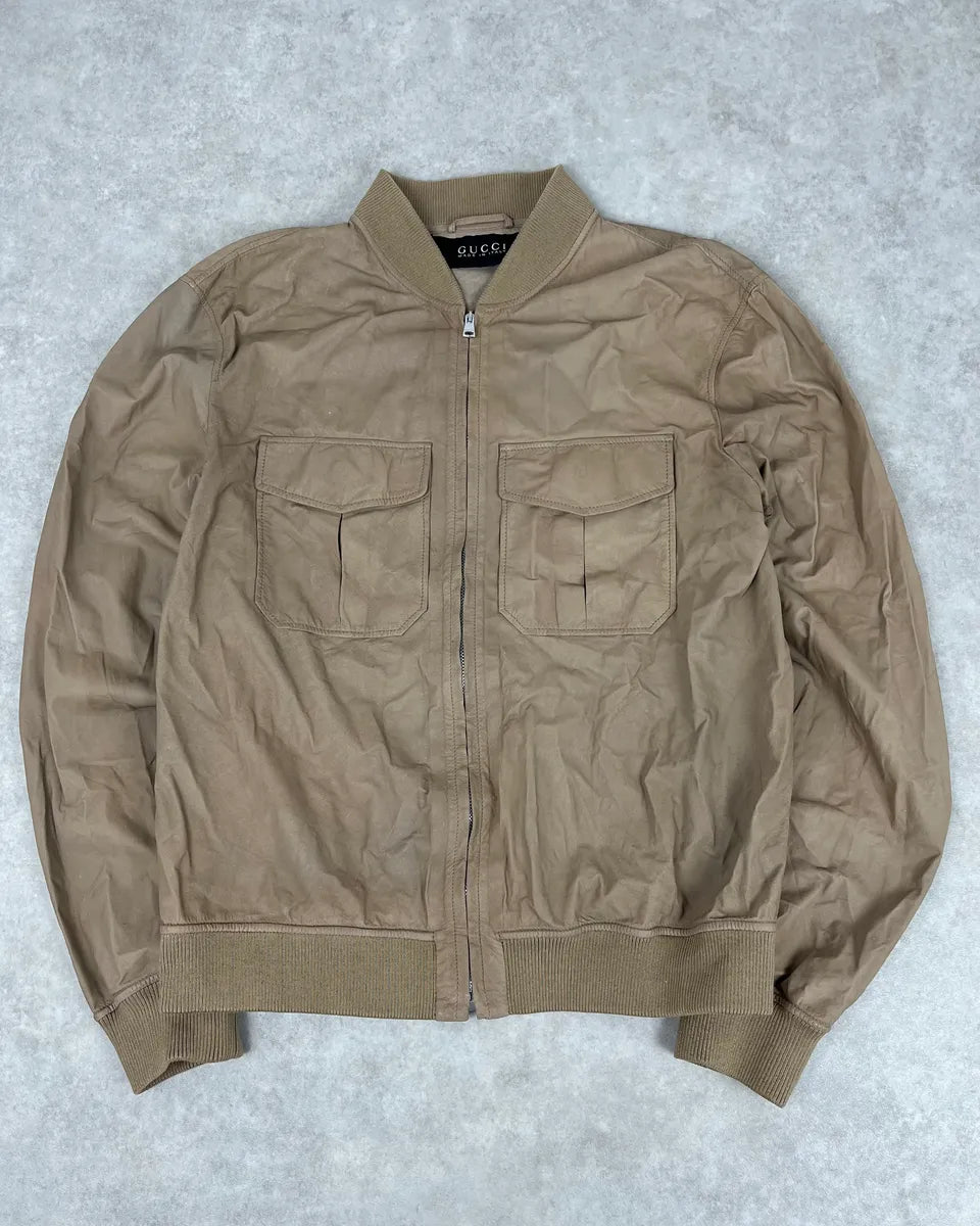 2000s Gucci Beige Leather Bomber Jacket CBPZdqM 0