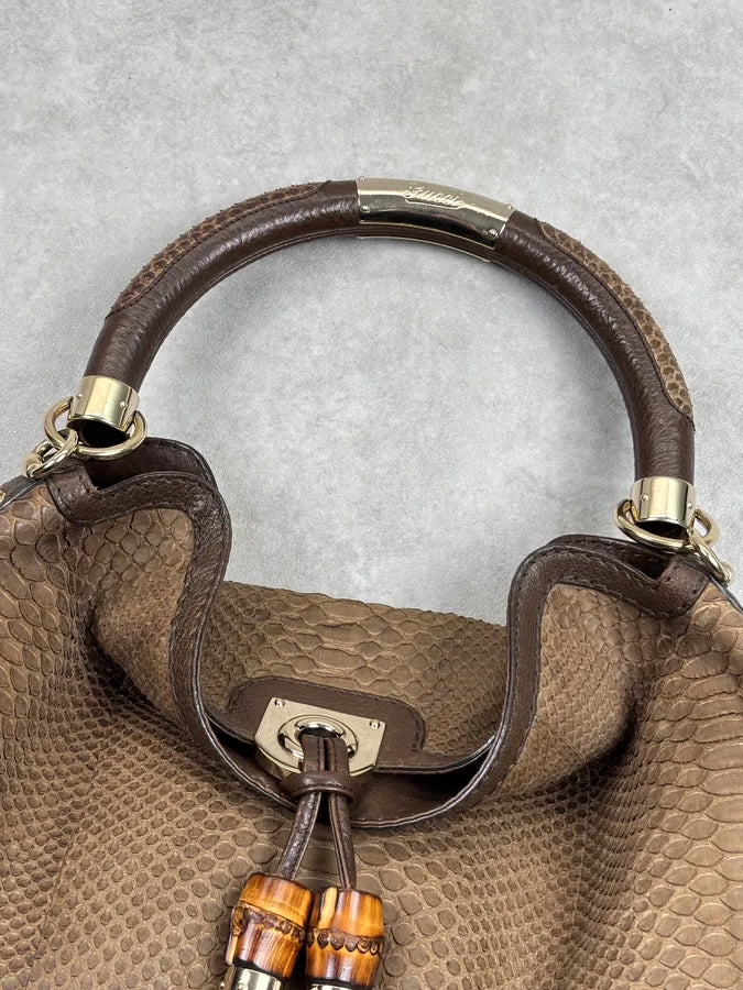 2000s Gucci Brown Python Leather Bamboo Indy Bag by Frida Giannini aNImhgE 5