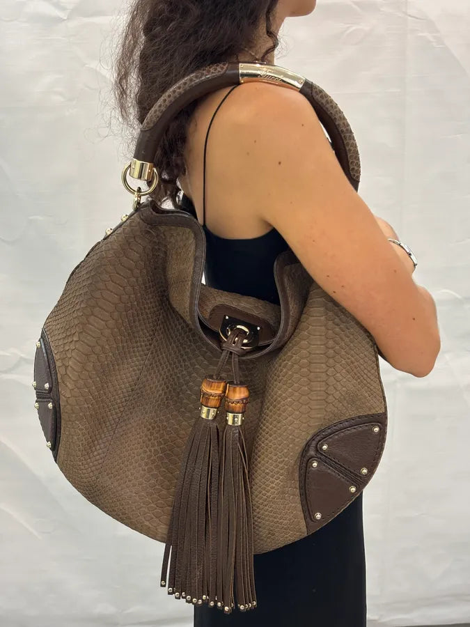 2000s Gucci Brown Python Leather Bamboo Indy Bag by Frida Giannini aNImhgE 3