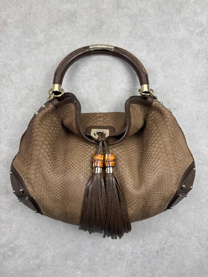 2000s Gucci Brown Python Leather Bamboo Indy Bag by Frida Giannini aNImhgE 0