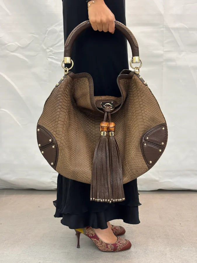 2000s Gucci Brown Python Leather Bamboo Indy Bag by Frida Giannini aNImhgE 1