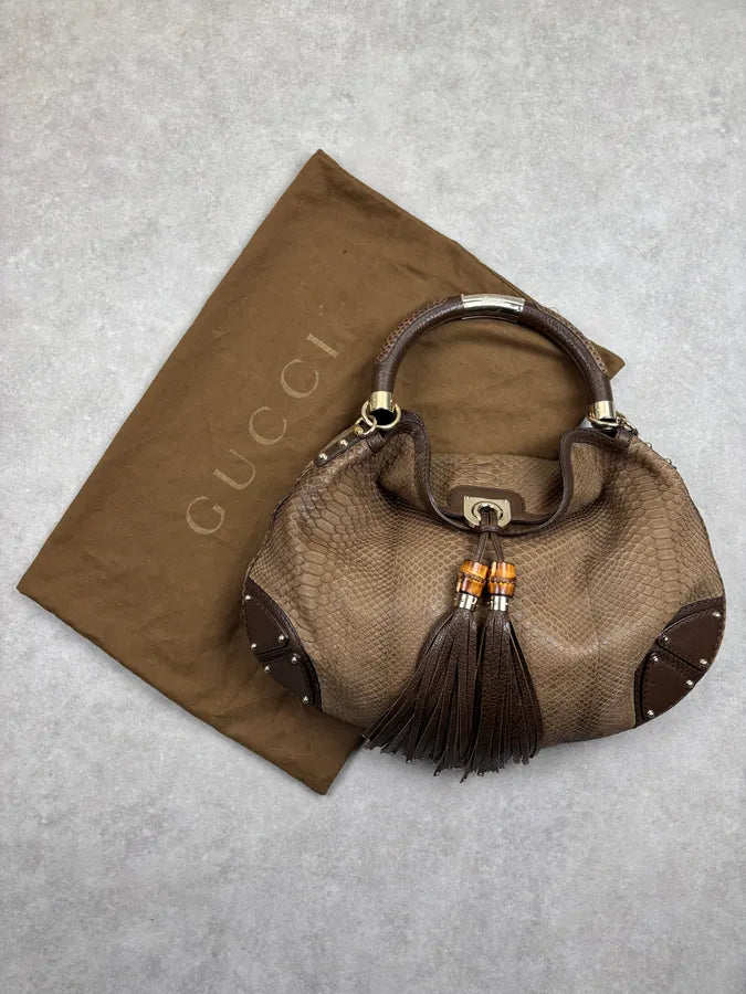 2000s Gucci Brown Python Leather Bamboo Indy Bag by Frida Giannini aNImhgE 4