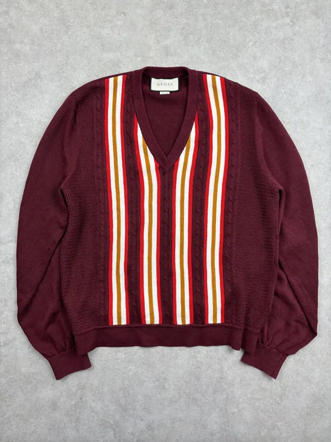 SS2020 Gucci V Neck Signature Bordeaux Sweater by Alessandro Michele ZkTldQP 0