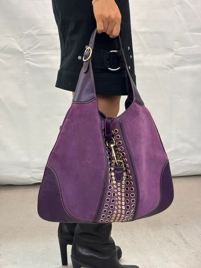 2000s Gucci Purple Suede Studded Hobo Jackie Shoulder Bag AJJssrZ 1