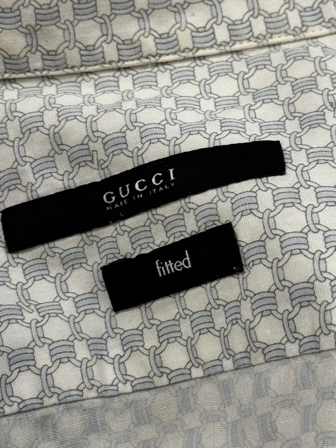 Gucci White & Light Baby Blue Chain Pattern Shirt DSNFQPj 10