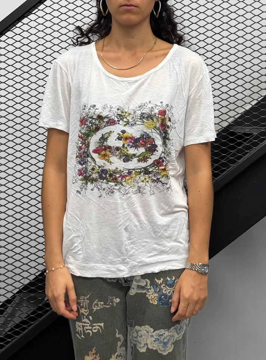 2010s Gucci White Floral Print GG Logo T-Shirt by Frida Giannini LmnaKOR 2