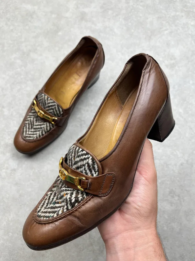 Gucci Wool Golden Buckle Chevron Brown Leather Heels OKpXgNP 0