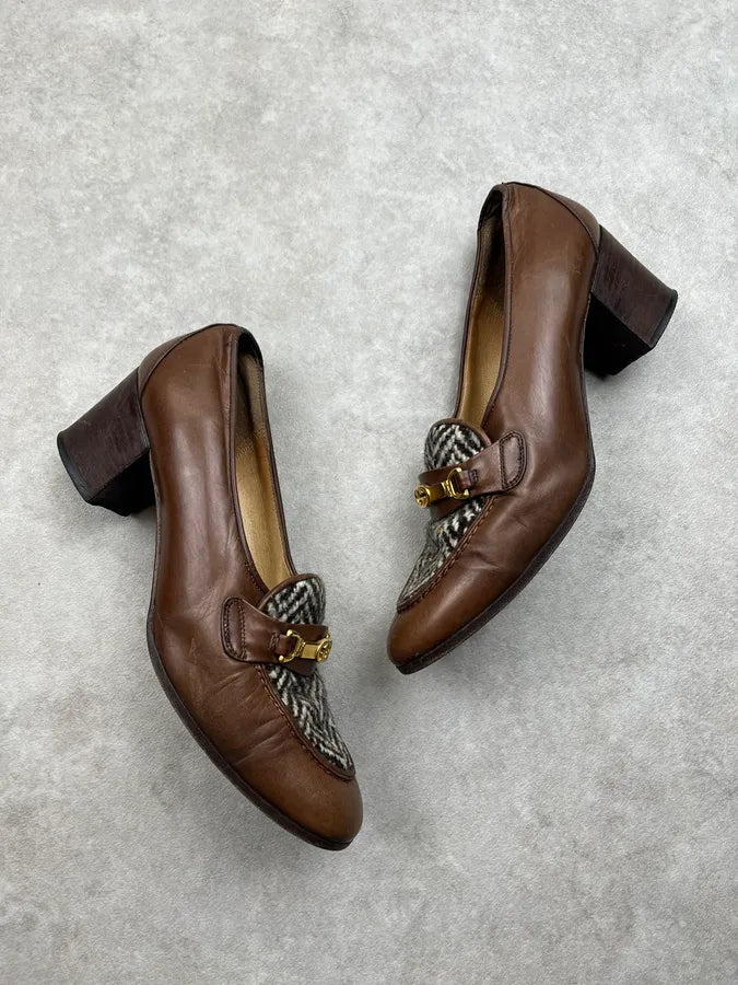 Gucci Wool Golden Buckle Chevron Brown Leather Heels OKpXgNP 1