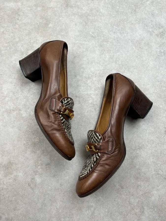 Gucci Wool Golden Buckle Chevron Brown Leather Heels OKpXgNP 2