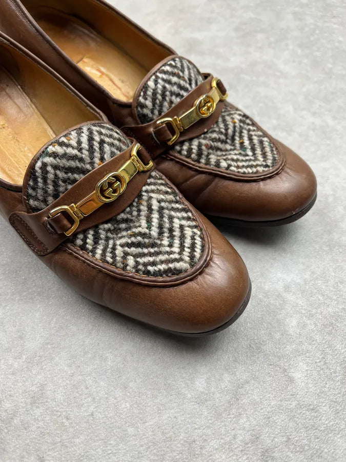 Gucci Wool Golden Buckle Chevron Brown Leather Heels OKpXgNP 3